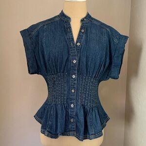 Anthropologie Denim Short Sleeve Pleated Corset Blouse by Pilcro Size XS